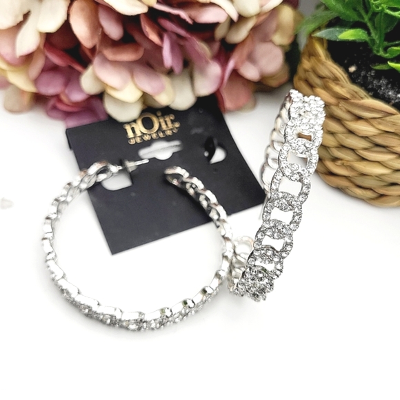 NWT nOir Jewelry large silver plated hoops inlaid rhinestones post earrings $128 - Picture 14 of 14